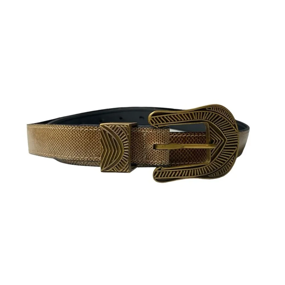 Riki Designs Genuine Leather Snakeskin Belt Gold Aztec Buckle Women's Size XL